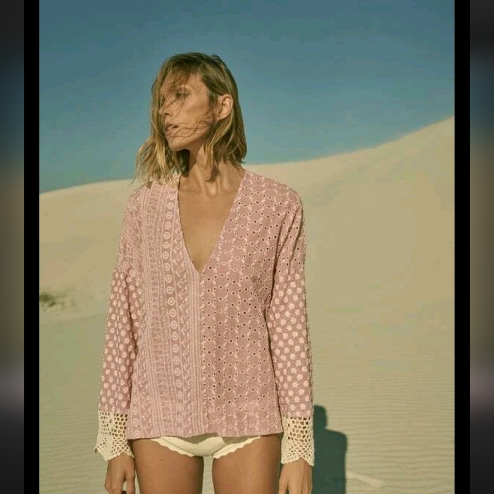 Zara Cutwork Embroidered Blouse Pink XXL